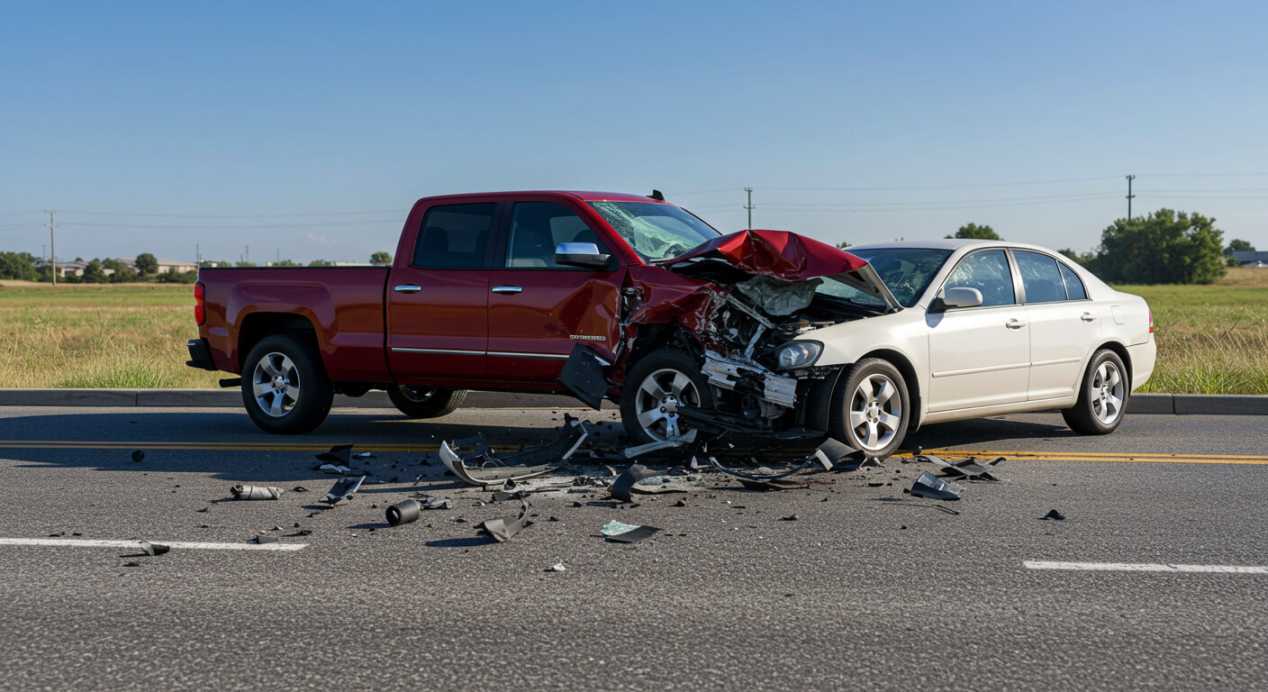 a truck with a wrecked car on the side of the road