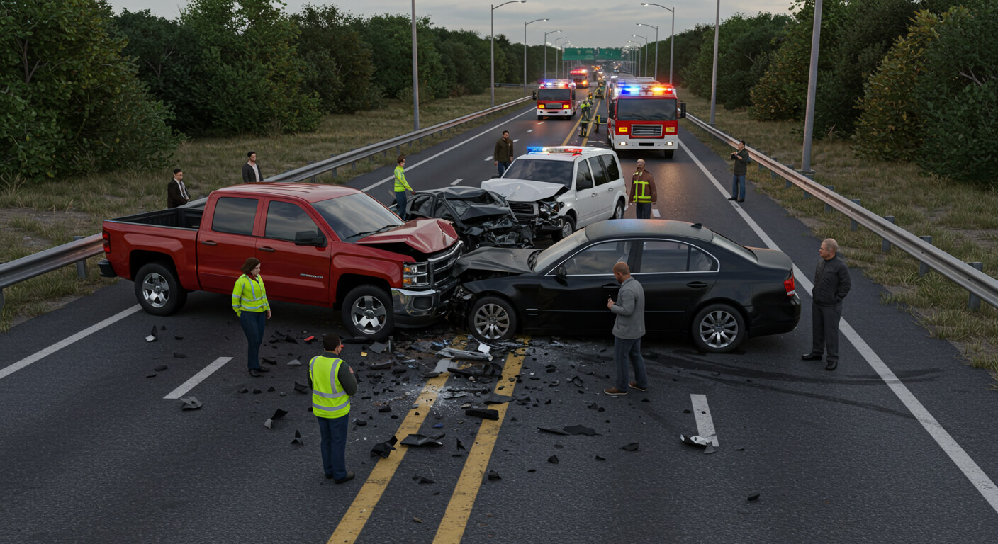 a group of people standing around a wrecked car on a road