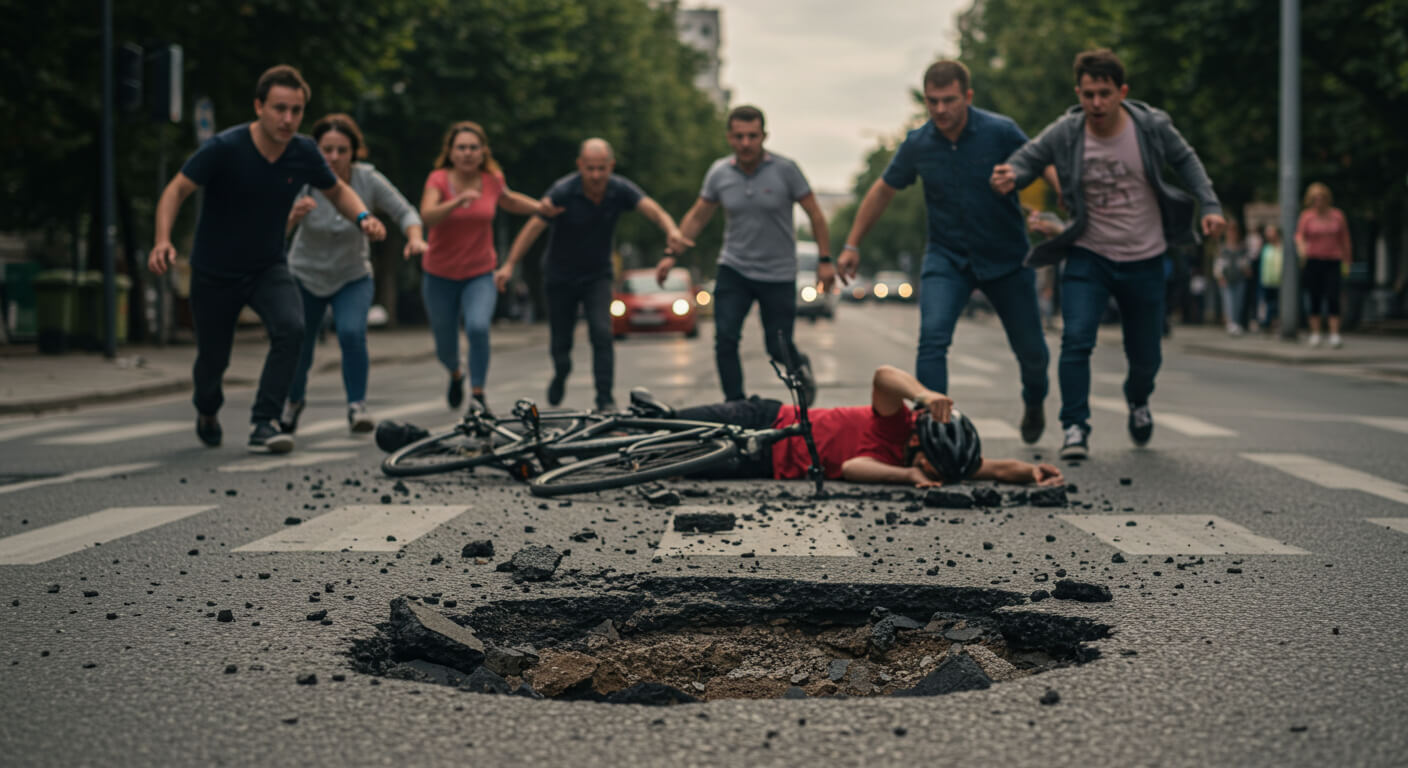 Bicycle accident was caused by a road hazard