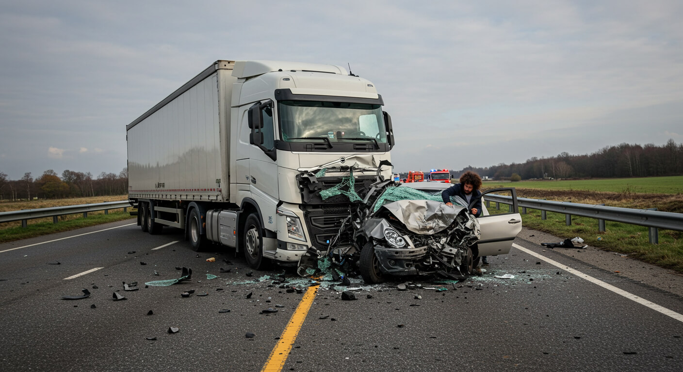 a truck with a wrecked car on the side of the road