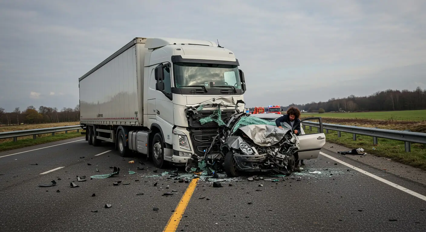 a truck with a wrecked car on the side of the road