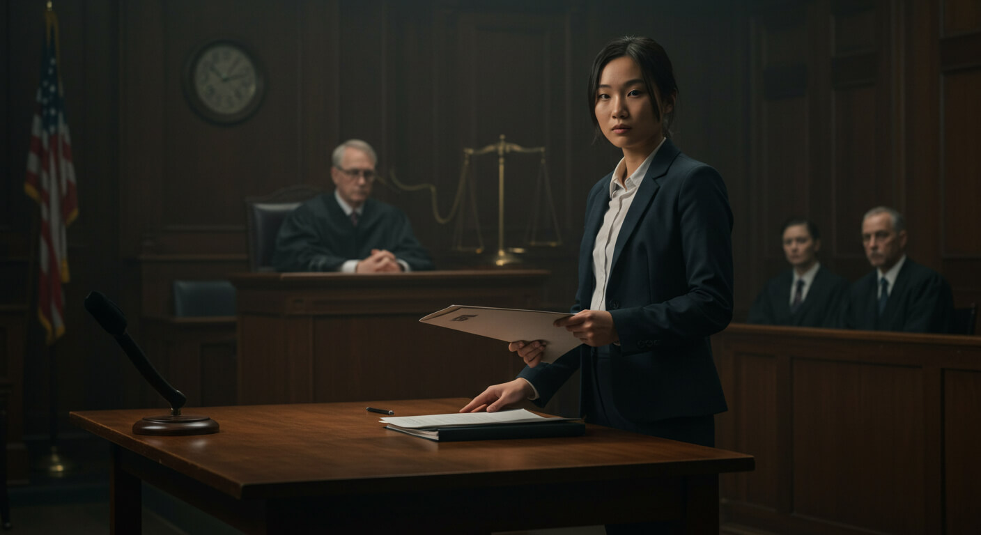 a woman in a suit holding a paper