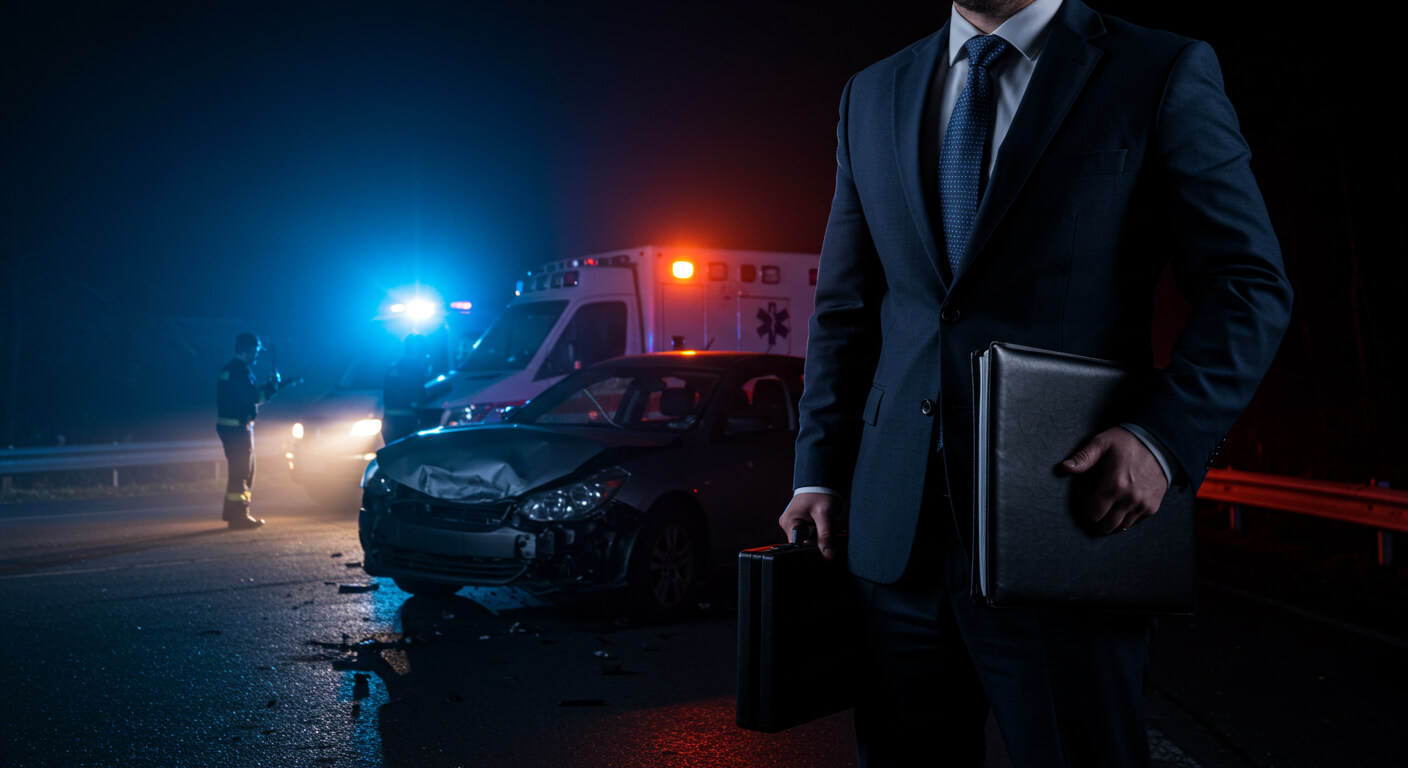 a man in a suit holding a briefcase and a briefcase in front of a car