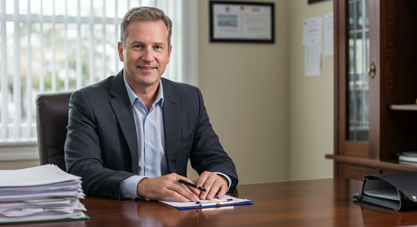 a man sitting at a desk holding a pen