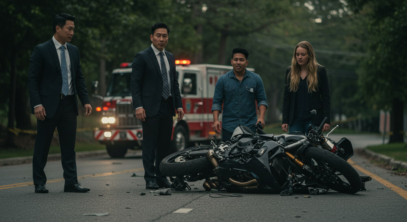 a group of people standing next to a motorcycle on the street