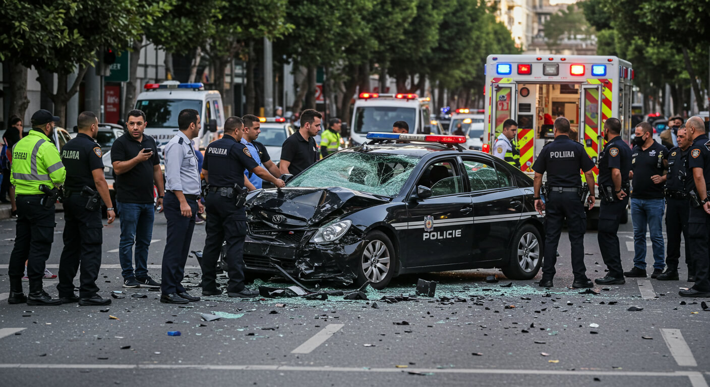 police officers around a wrecked car