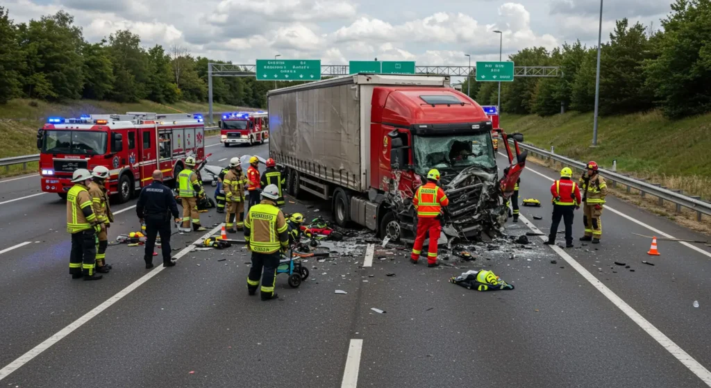 a group of firefighters around a wrecked truck