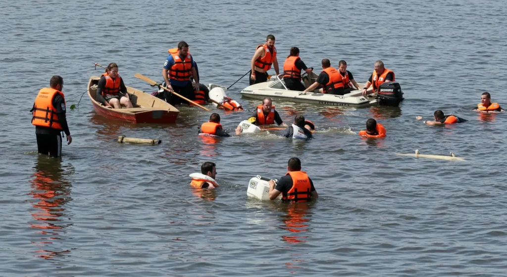 a group of people in orange life vests in a body of water