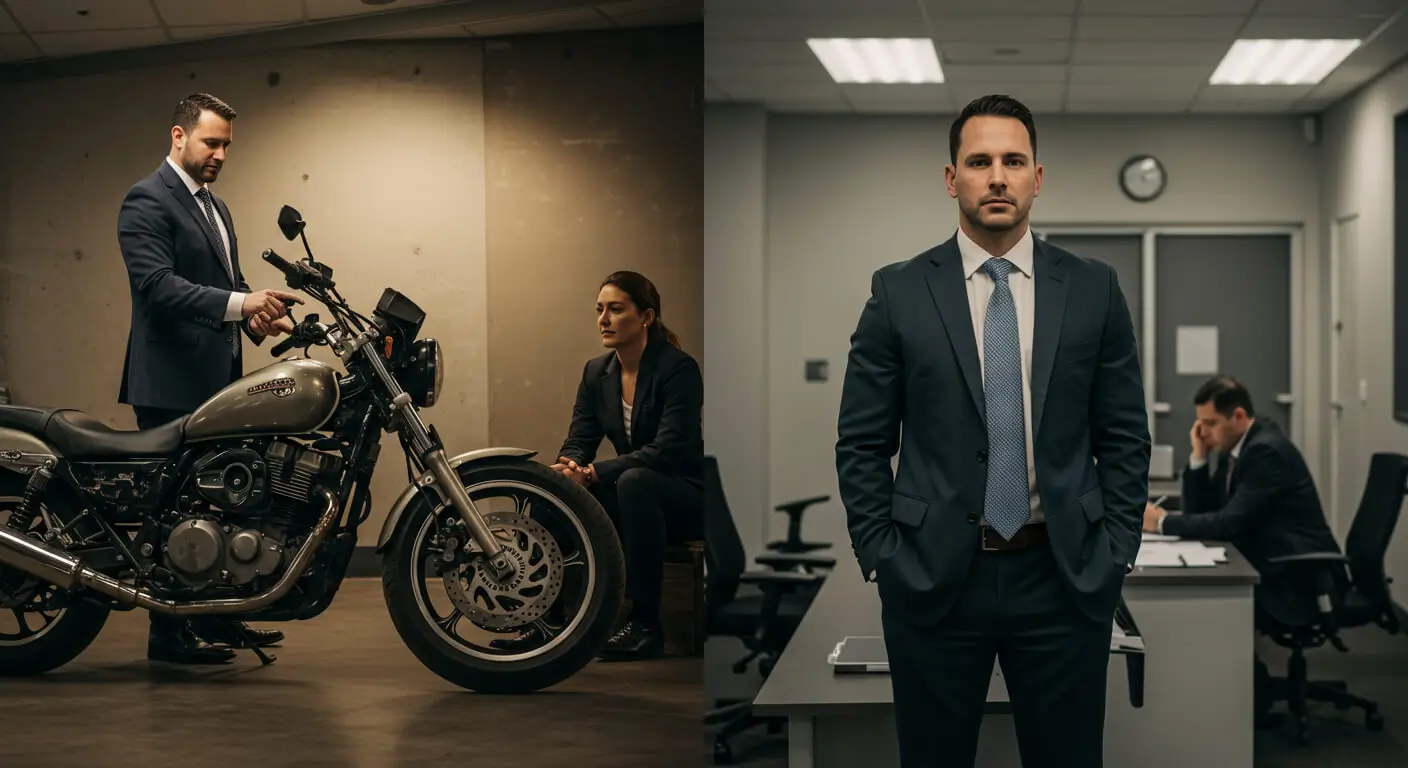 a man in a suit and tie standing in front of a motorcycle