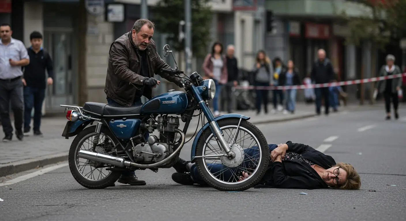 a man standing next to a motorcycle lying on the ground