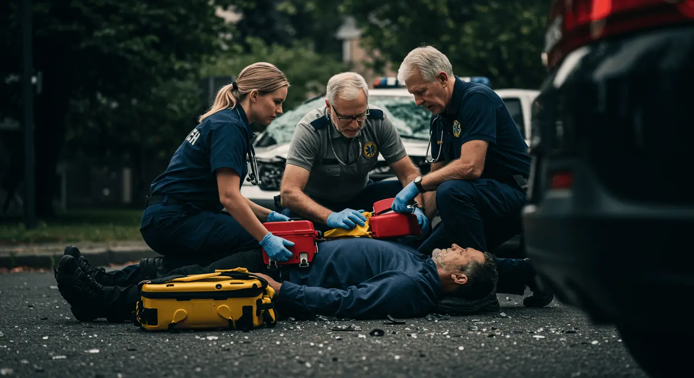 a group of paramedics helping a man on the ground