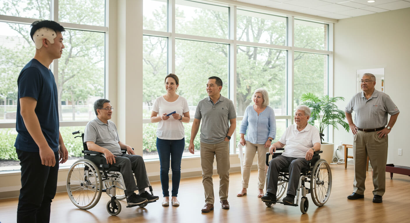 a group of people standing in a room with windows