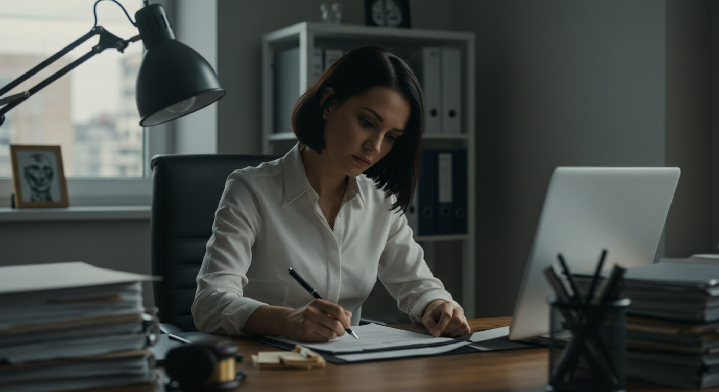 a woman sitting at a desk writing on a paper