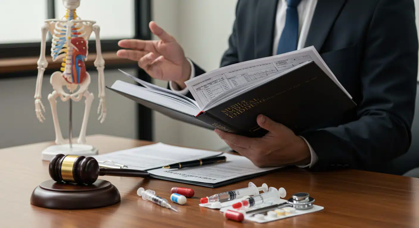 a person holding a book and looking at a gavel