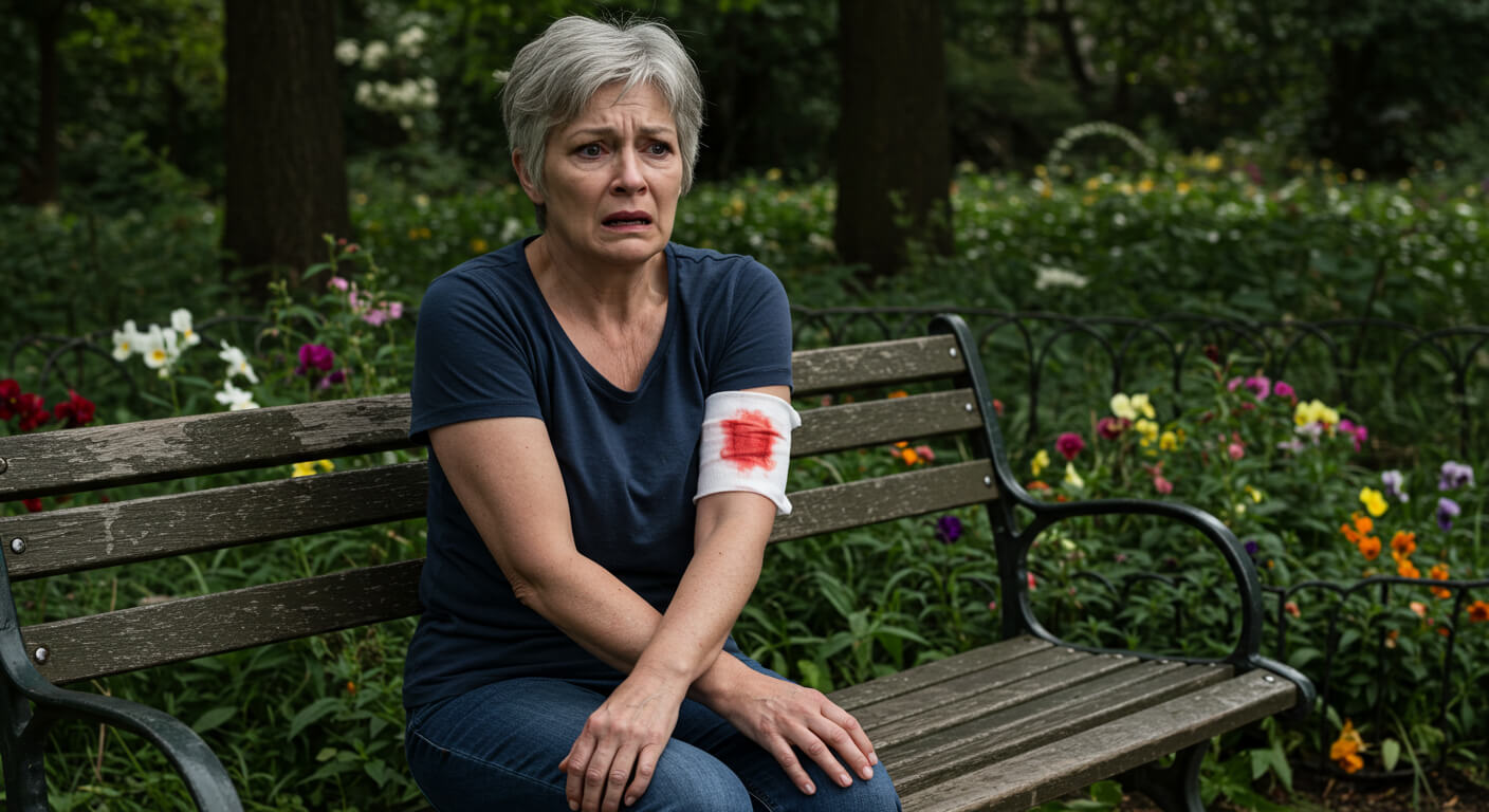 a woman sitting on a bench with a bloody armband