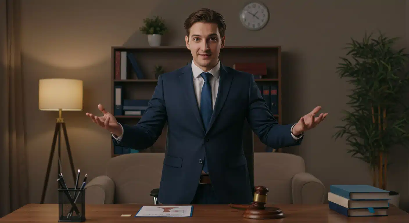 a man in a suit standing in front of a gavel