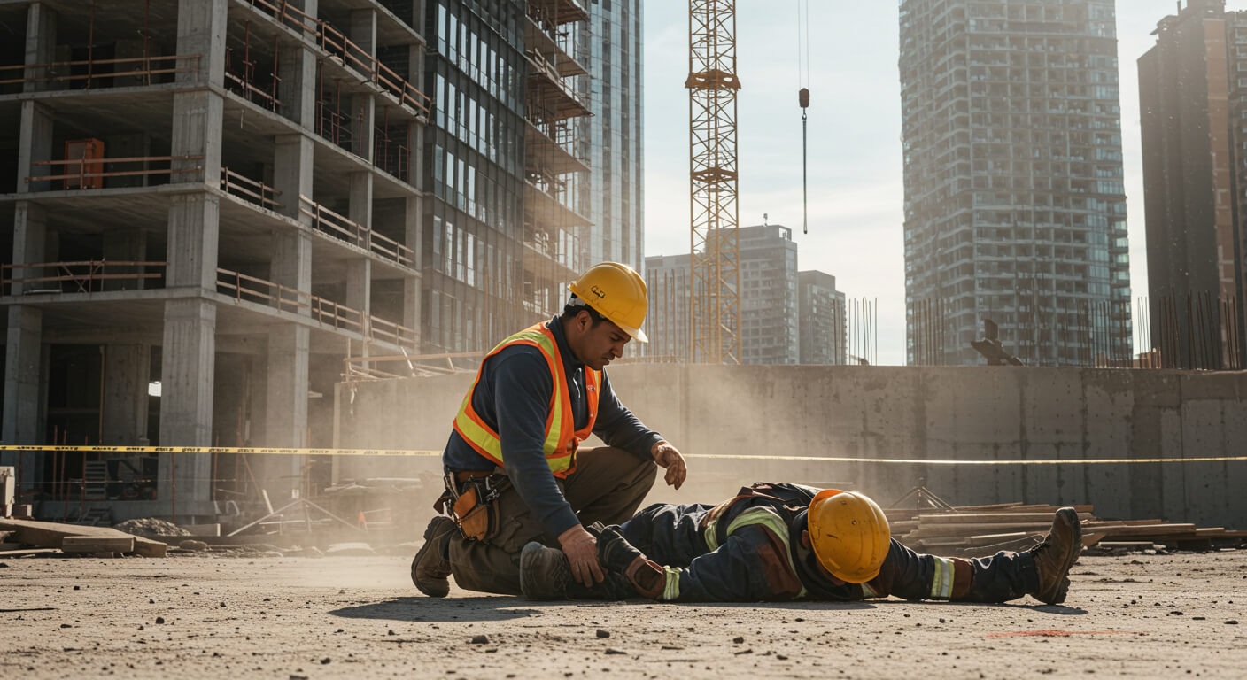 a man in a hard hat helping another man fall on the ground