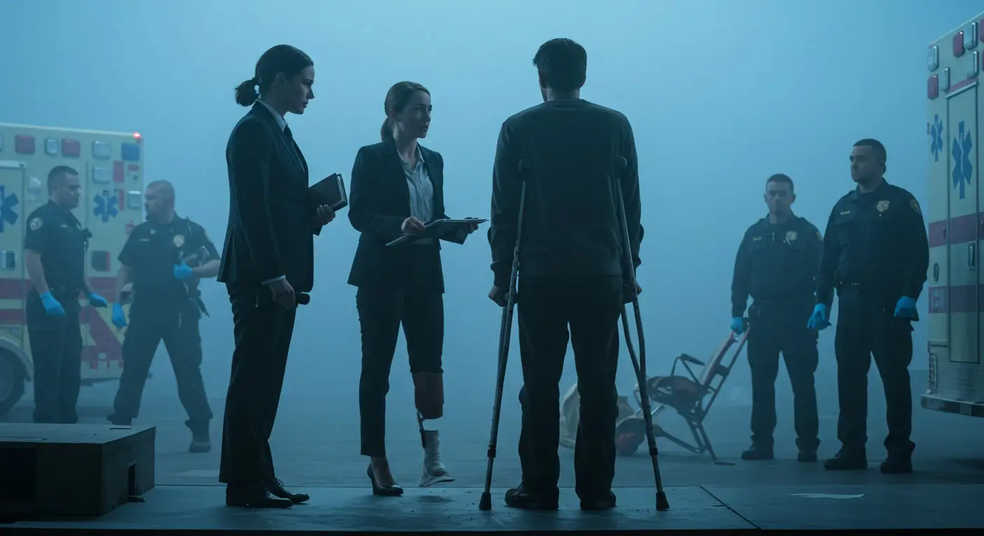 a group of people standing on crutches and one person with a prosthetic leg