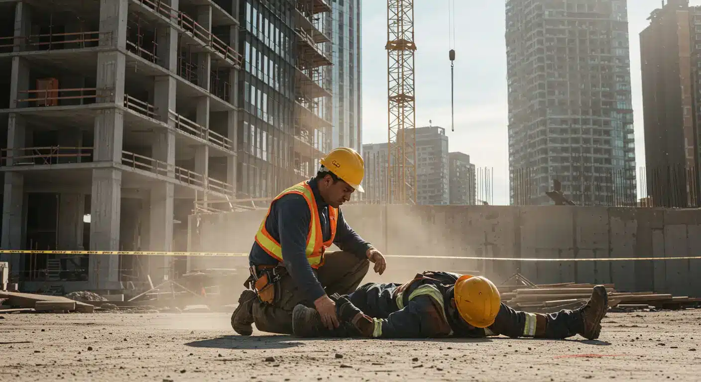 a man in a hard hat helping another man fall on the ground