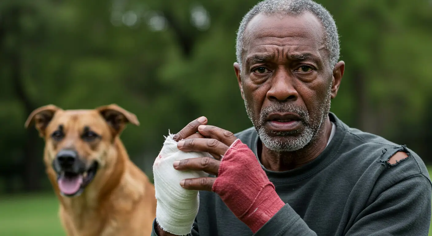 a man with a bandaged hand and a dog
