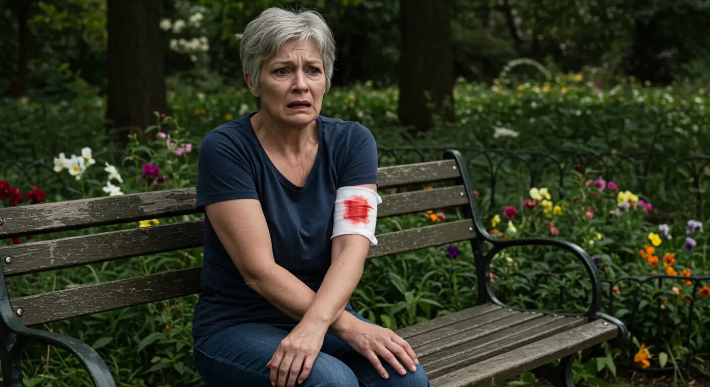 a woman sitting on a bench with a bloody armband