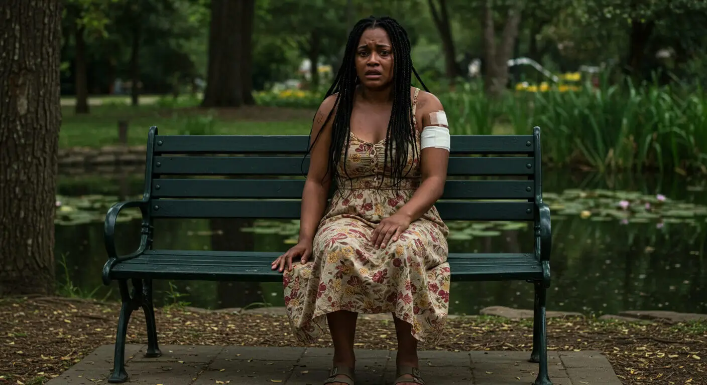 a woman sitting on a bench