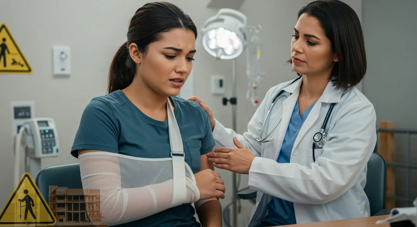 a woman with a broken arm and a white lab coat